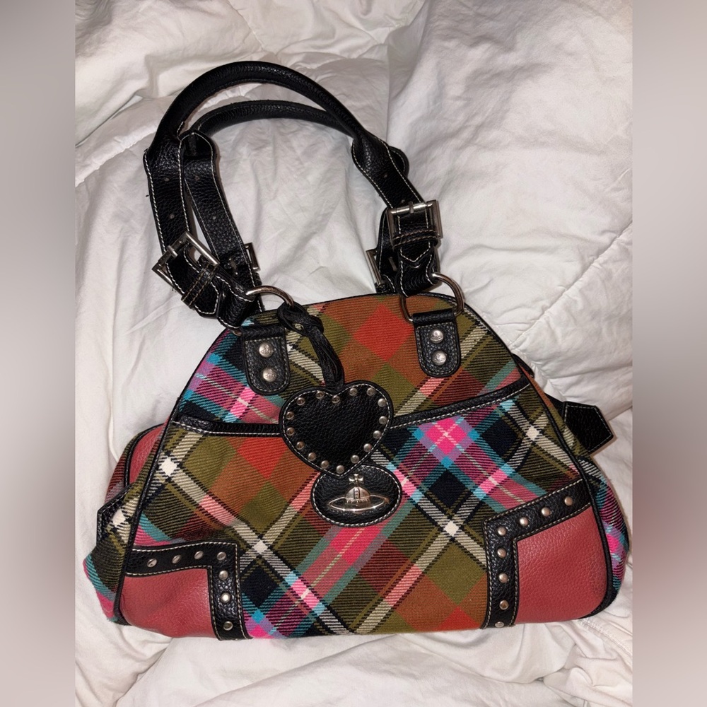 Vivienne Westwood Orange & Pink Tartan Bag with Studs and Heart Charm